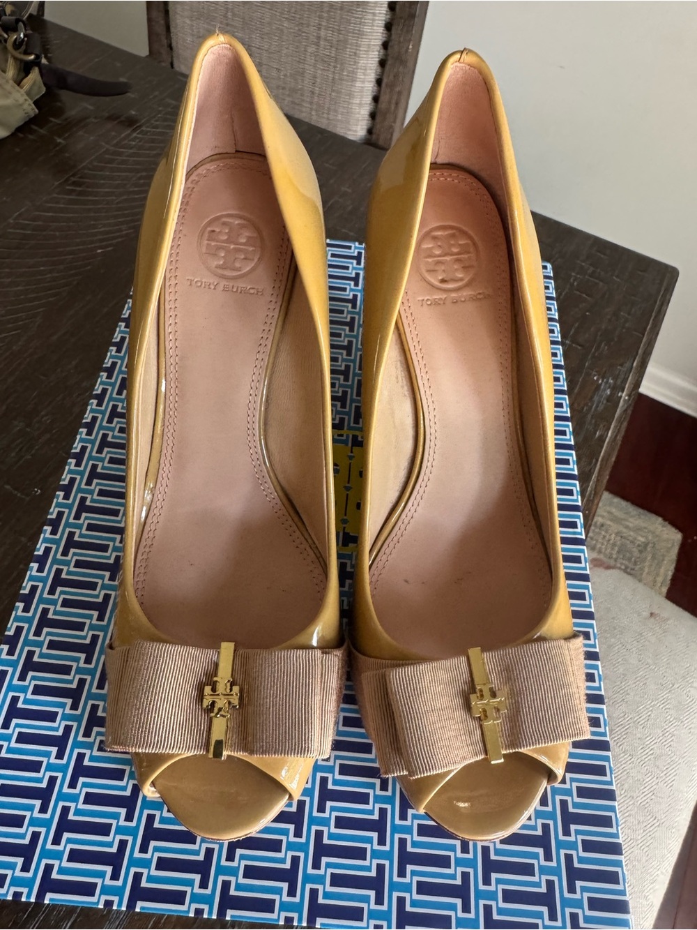 Tory Burch Trudy Yellow Patent Leather Peep-Toe Wedges with Grosgrain Bow
